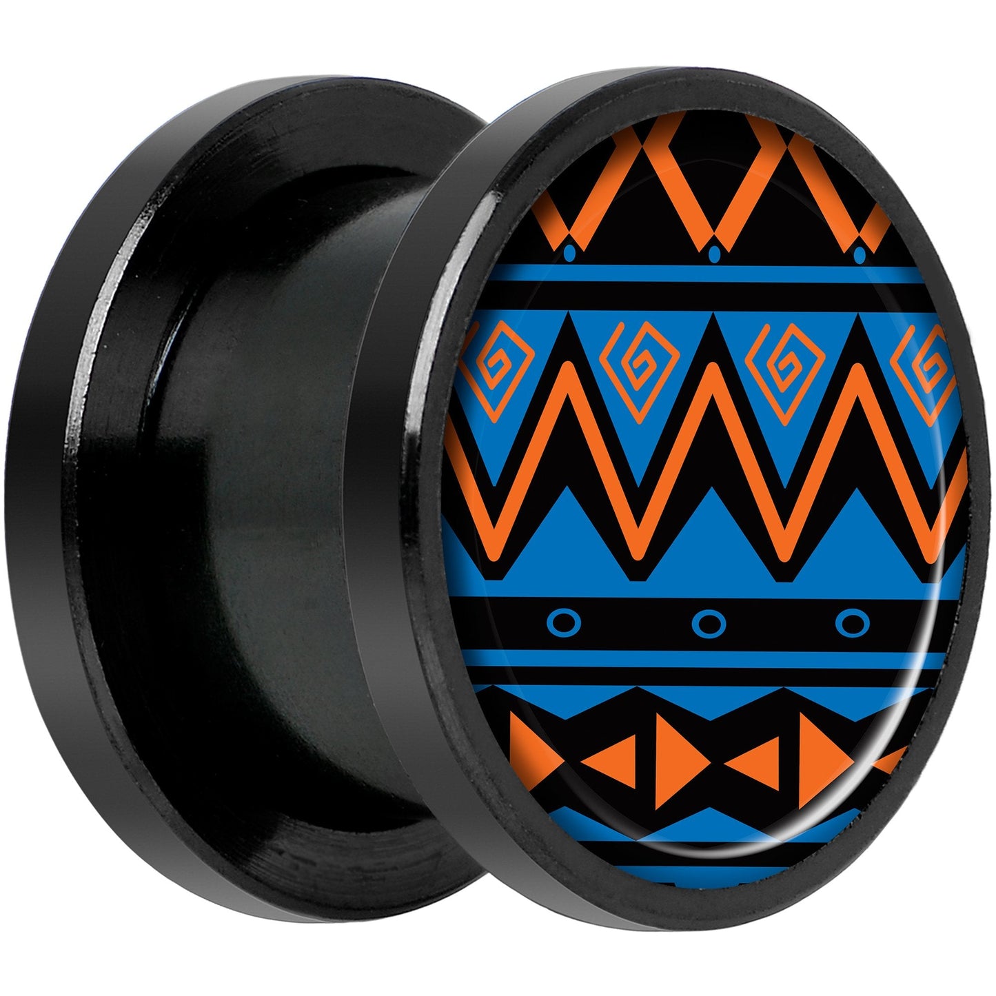 Blue Orange Tribal Print Black Anodized Screw Fit Plug Set 1/2