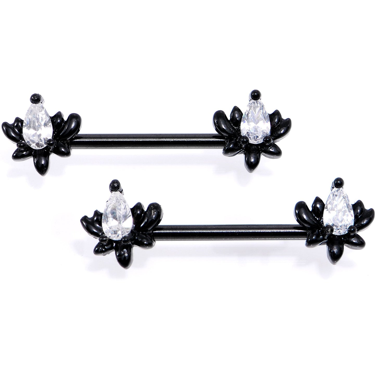White Gem Black Anodized Fiery Flame Barbell Nipple Ring Set