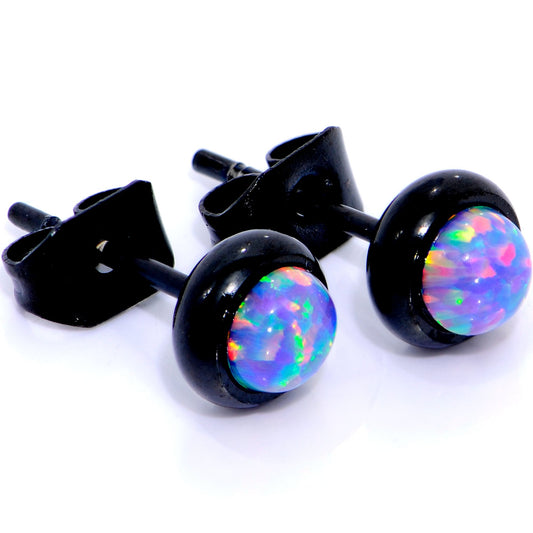 Purple Synthetic Opal Black IP 316L Surgical Steel Stud Earrings