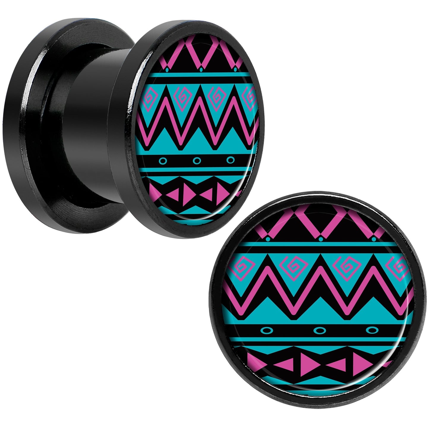 Pink Teal Tribal Print Black Anodized Screw Fit Plug Set 00G