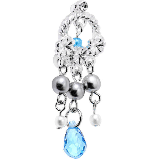 Aqua Blue Gem Embellished Flower Crown Top Mount Dangle Belly Ring