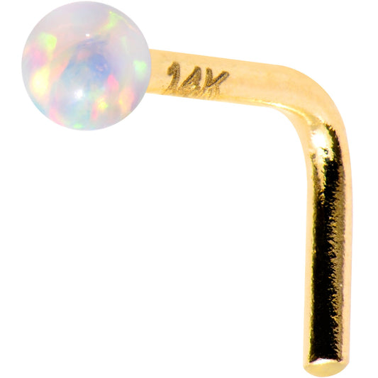 1/4 14k Yellow Gold White 2mm Synthetic Opal Ball L Shaped Nose Ring