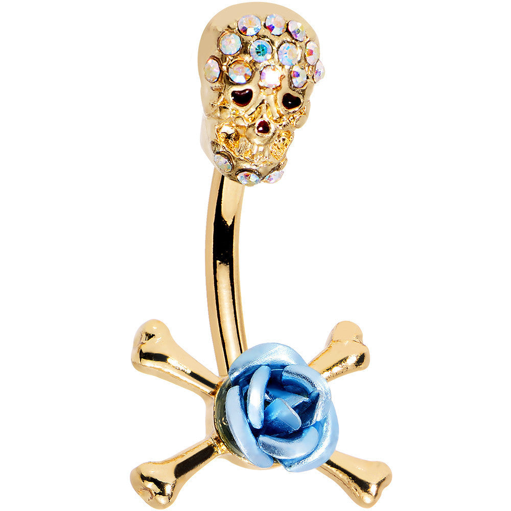 Aurora Gem Gold Anodized Skull Blue Rose Flower Double Mount Belly Ring