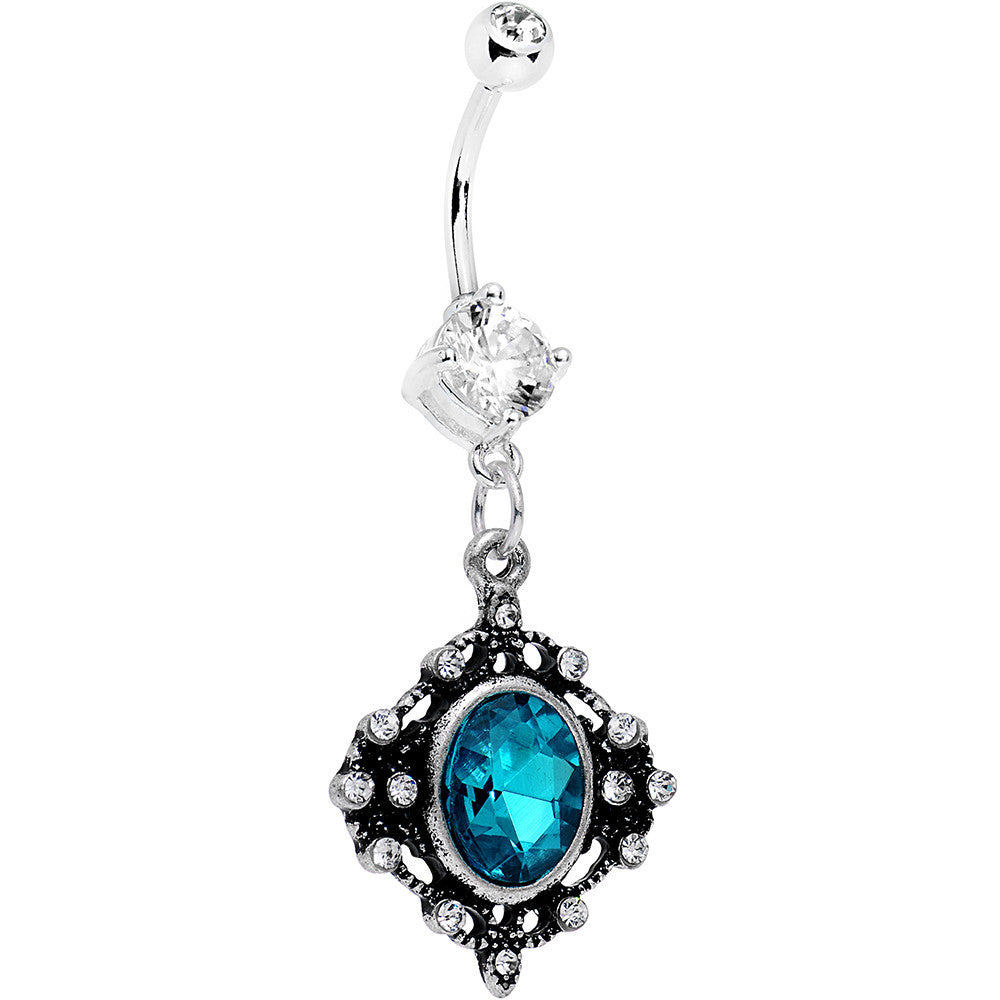 Aqua Blue Clear Gem Rustic Victorian Dangle Belly Ring