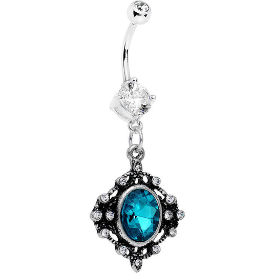 Aqua Blue Clear Gem Rustic Victorian Dangle Belly Ring