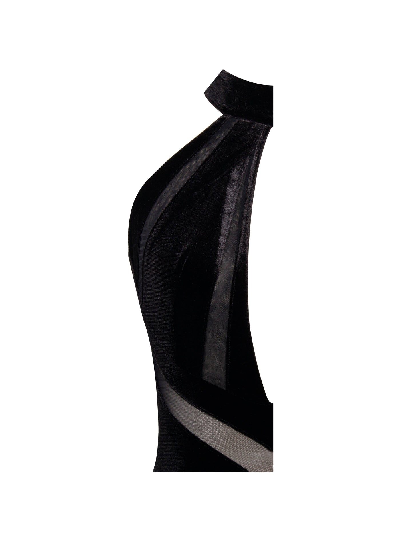 Paityn Black Velvet Mesh Cutout Halter Gown