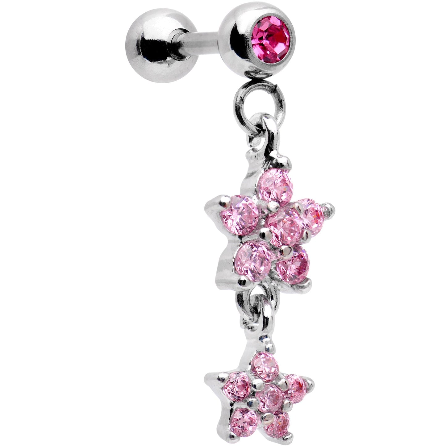 16G 1/4 Pink Gem Double Star Dangle Cartilage Tragus Earring