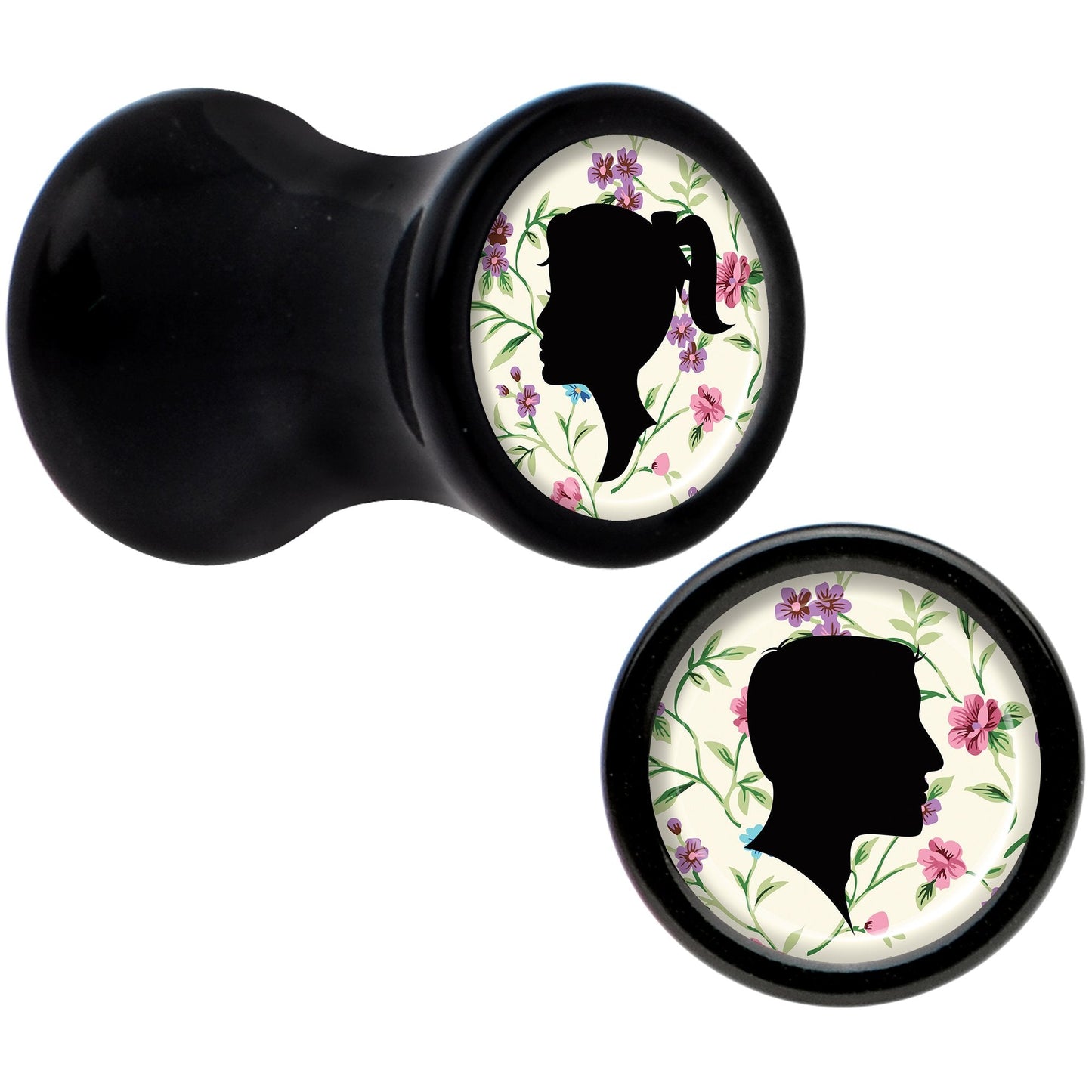 Black Acrylic Man Woman Floral Silhouette Saddle Plug Set 4G