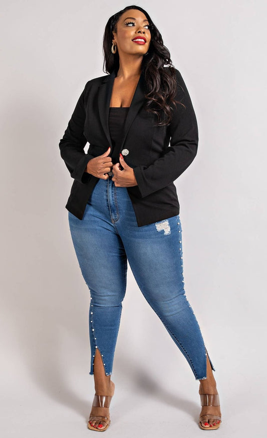 Zoe Plus Size Stretch Luxe Crystal Detail Button Blazer